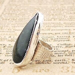 MOSS AGATE 1.5" TEARDROP RING HANDMADE IN RECYCLE STERLING SILVER SZ. 6